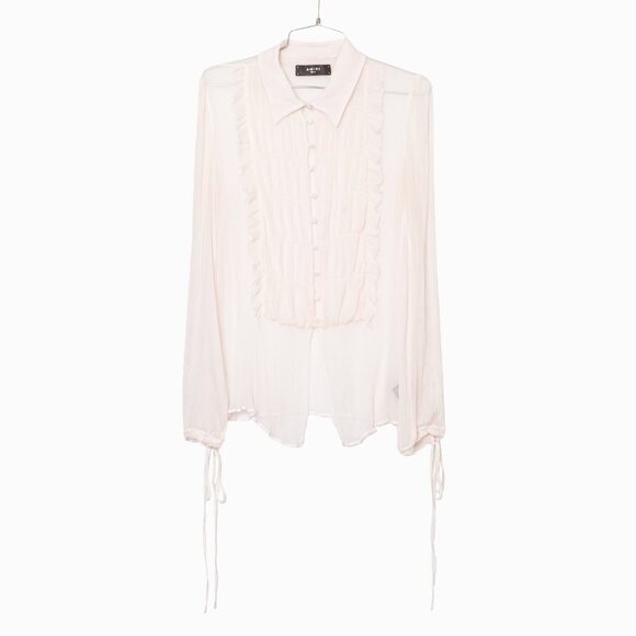 Amiri Tops - AMIRI Light Pink Semi Sheer Long Sleeve Ruffled Button Down Shirt - IT 42 / US 6